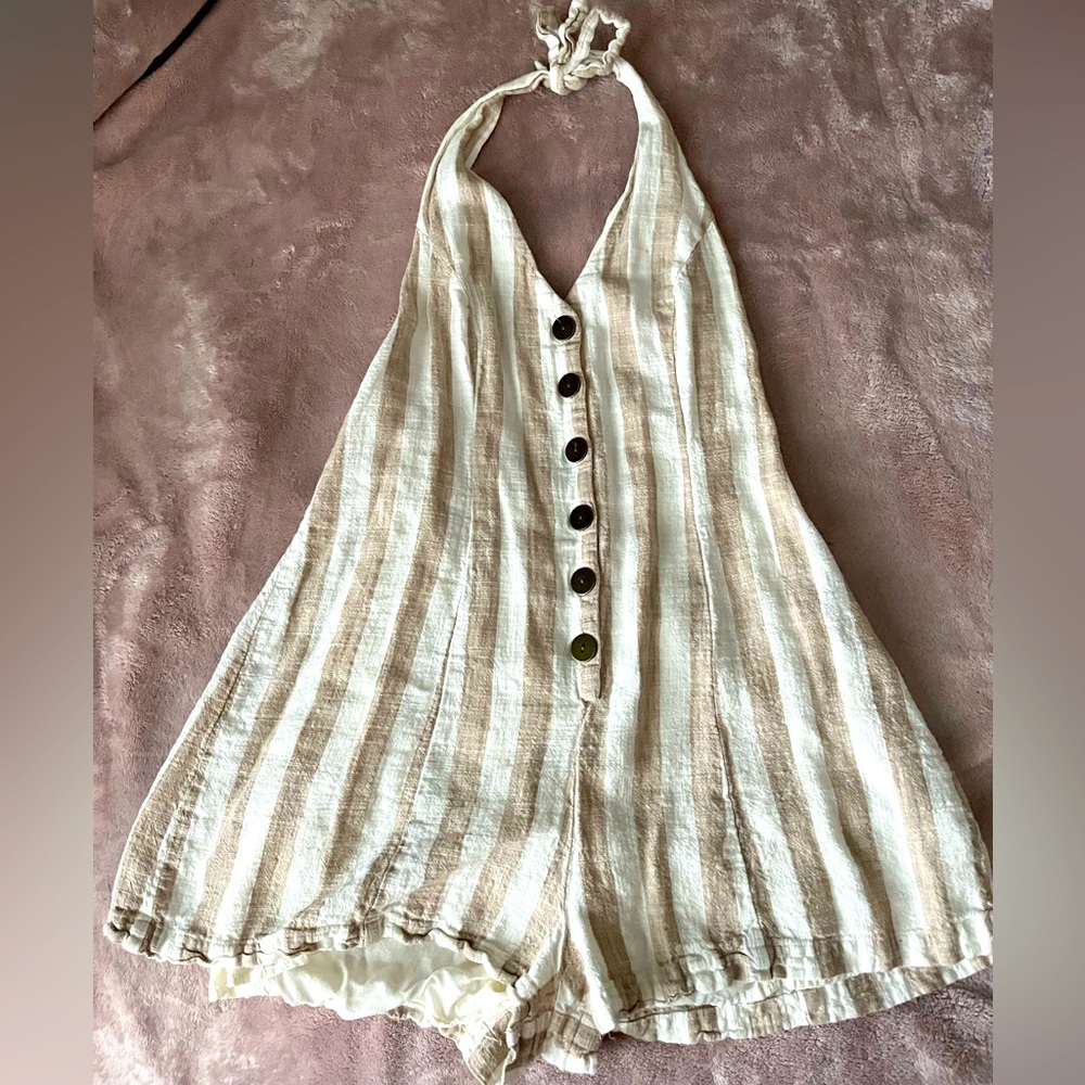 Cream and tan lined romper size L